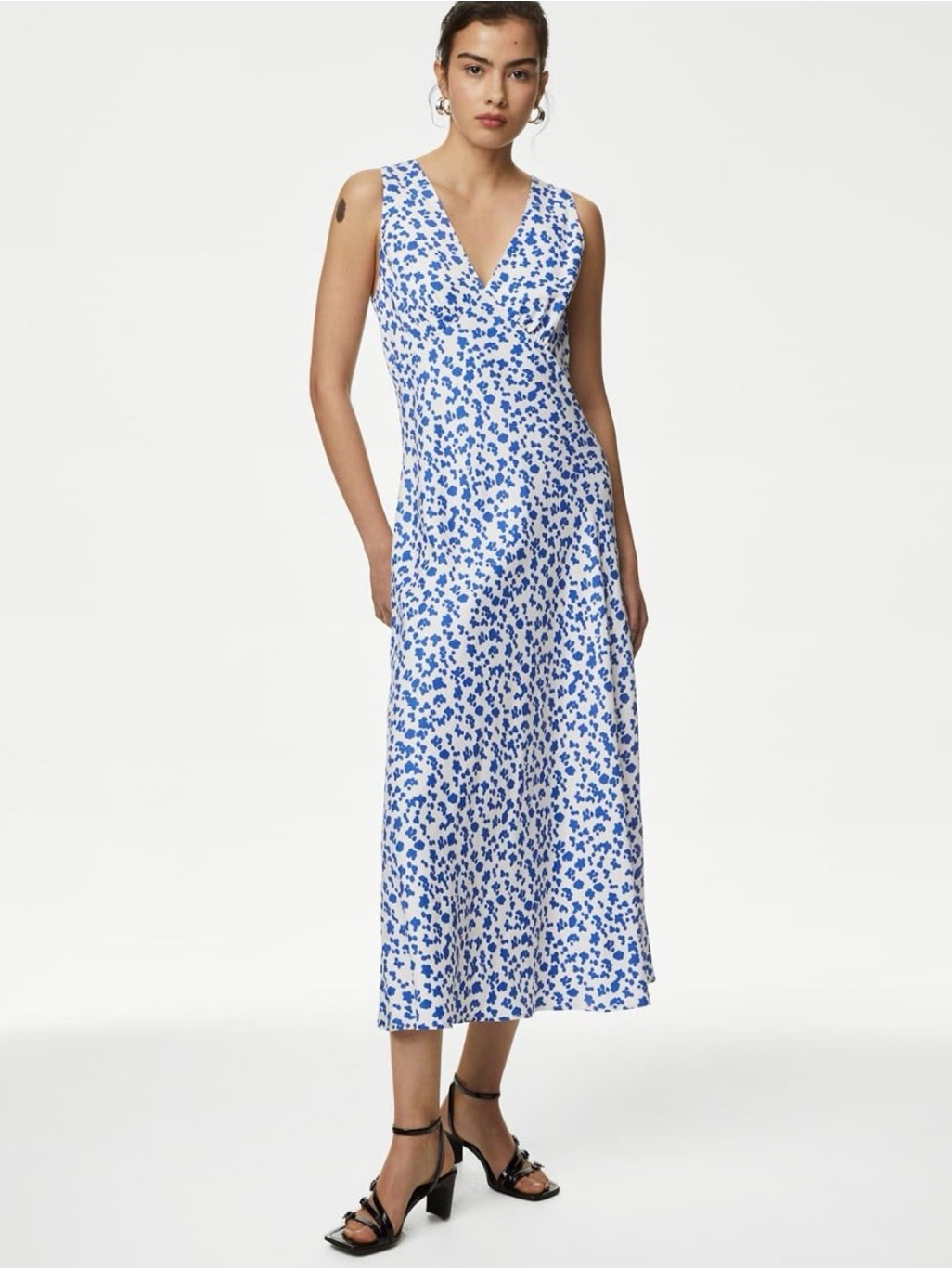 M&S Blue & White Floral Sleeveless V-Neck Dress